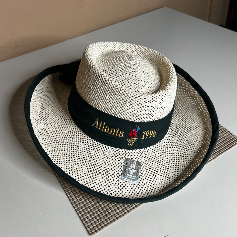 Vintage 1996 Atlanta Olympic Games Straw Hat The Game Black Ribbon Flower Logo